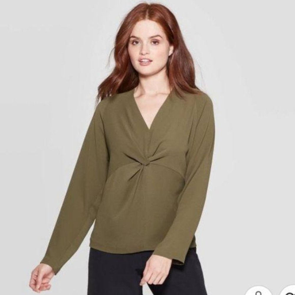 Prologue Olive Green Vneck Long Sleeve Blouse - Picture 2 of 8